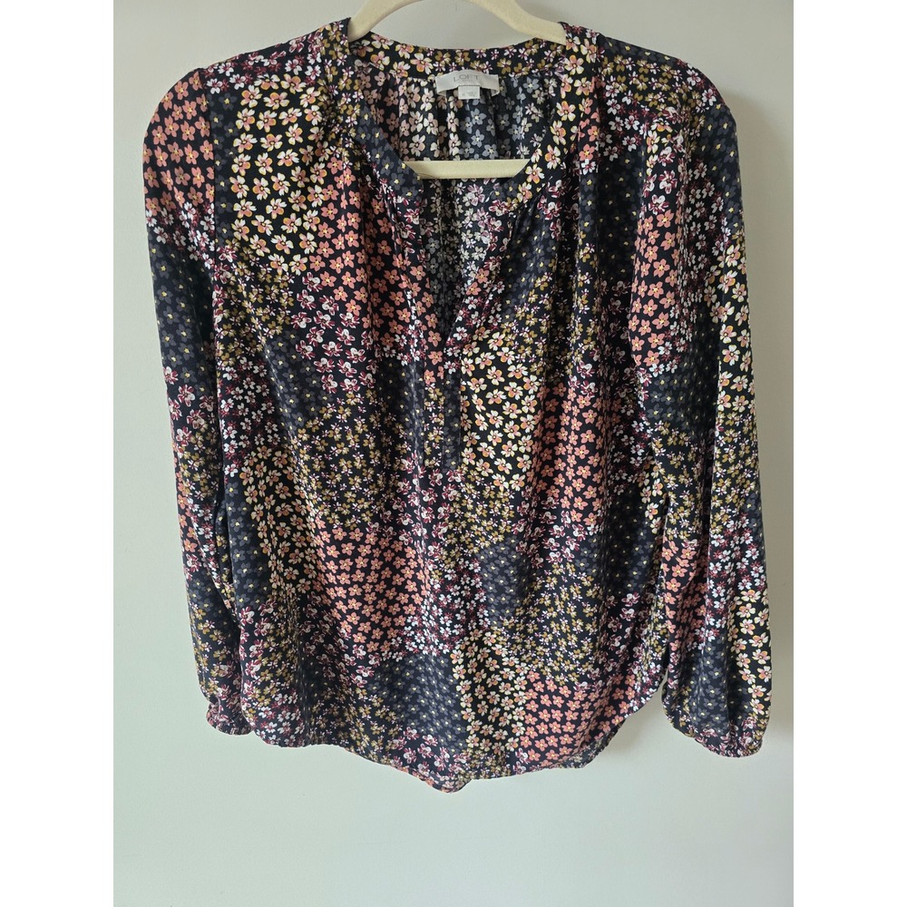 LOFT Outlet Floral Patchwork Split Neck Blouse Pink Yellow Black Medium